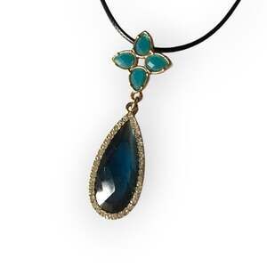 Teal crystal flower drop pendant necklace, waxed black cotton cord